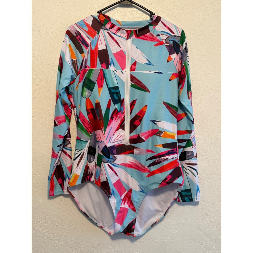 Funny Girl Surfboard Floral One Piece Rash Guard Swimsuit XL Multicolor Zip